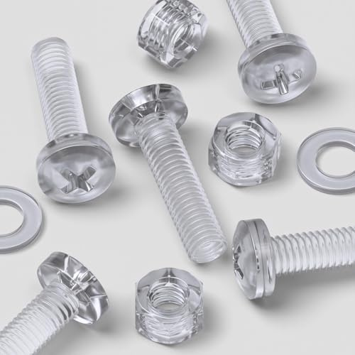 Pack of 20 Transparent Clear Plastic Acrylic M5 x 20mm Nuts & Bolts, Washers - Acrylic Plastic Screws