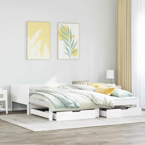 vidaXL Daybed with Trundle & Drawers - White Solid Pine Sofa Bed 90x190 cm for Bedroom/Living Room, Convertible Space Saver with Ample Storage