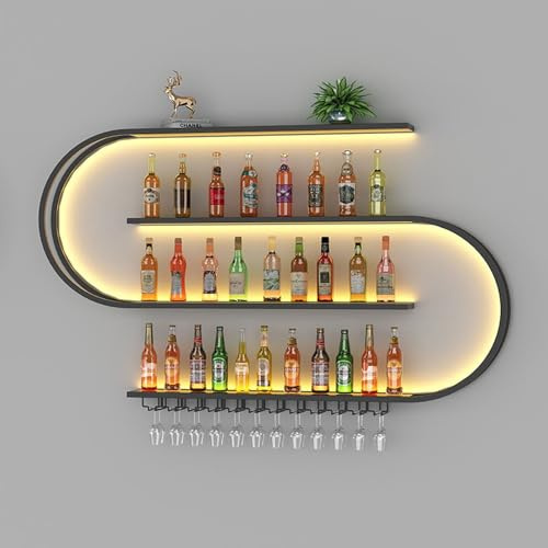 GDBTDL Mensola Portabottiglie da Parete con Luce LED,Scaffale Bar Industriale con Portabicchieri,Mensole a Parete per Cucina, Sala da Pranzo o Bar di Casa