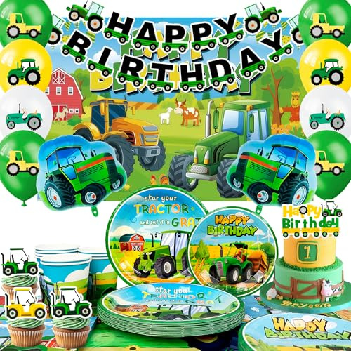 110pcs Tractor Birthday Decorations, Tractor Party Decorations Tableware Set Includes Tractor Plates Tablecloth Backdrop Cake Toppers etc Tractor Birthday Party Supplies