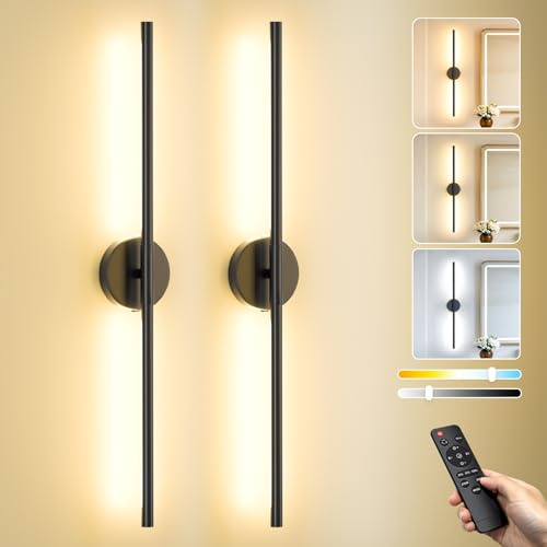 Ollny Rechargeable Wall Lights 73CM 2Pack Battery Operated Lamp with Remote | 180° Luminous Wide Angle 8000mAh Rechargeable 3 Color Temperature Dimmable/Timer/360° Rotatable Sconce Wall Lights 2pack