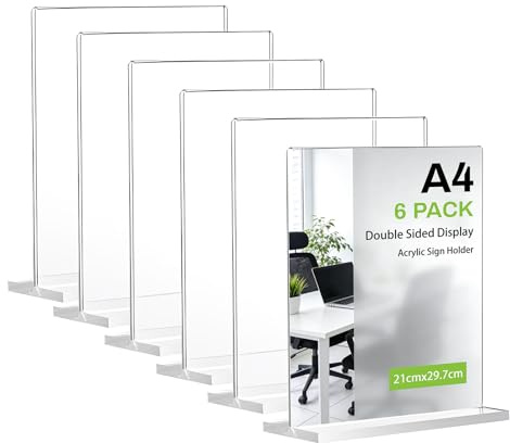 6 Stück Tischaufsteller A4, Aufsteller DIN A4, Glasklarer T-Ständer Hochformat Acryl Werbeaufsteller, Tischaufsteller für Werbung, Speisekarte, Hinweisschild, Büro, Restaurant Geschäft Hotel Theke