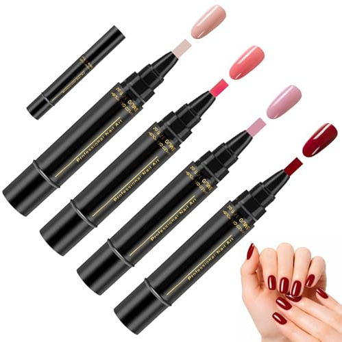 4Pcs Nail Polish Pens, 3 In 1 Gel Nail Polish Pen Set, Pink Red One Step Nail Varnish Pens Nail Varnish Pens, Nail Pens, UV Lamp Required Easy Apply for DIY Home Manicure Salon Travel Party Use