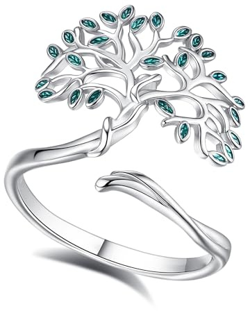 AEONSLOVE Verstellbarer Lebensbaum Ring Damen Silber 925, Mondsteinring für Mädchen Frauen, Offener Ringe mit Hexen Knoten/Claddagh/Blatt/Dreifacher Mond Wicca/Umarmung/Feder