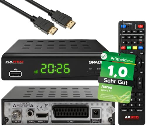 [ Test SEHR GUT, Note 1.0 *] AXRED Space X1 + HDMI Kabel, HD Sat Receiver mit Aufnahmefunktion, Full HDTV, Digital Sat-Receiver für Satellitenschüssel Satelliten Satellit TV Fernseher, HD-Receiver