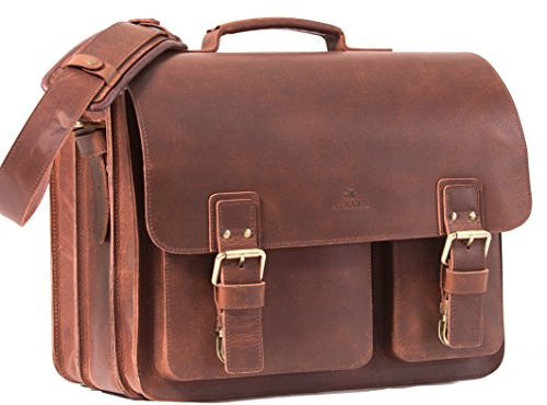 ALMADIH Leder XXL Aktentasche SAM handgefertigt, 3 große Fächern - robustem Rindsleder braun Vintage, Lehrertasche Anwalttasche Laptoptasche Notebook Unitasche Businesstasche Umhängetasche