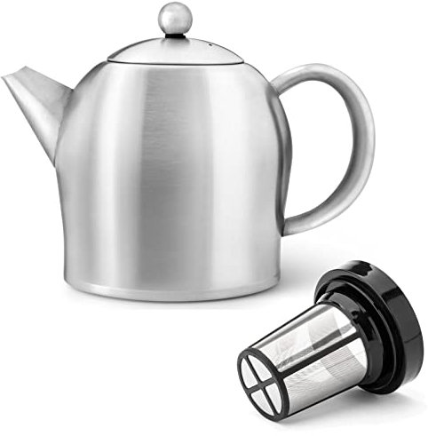 Teekanne Set 1.0 Liter - Edelstahl matt doppelwandig - Großer Teebereiter mit Tee-Filter-Sieb-Aufsatz für losen Tee