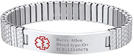 PROSTEEL personalisiert Medical Alert ID Armband verstellbar Manschette Armband Edelstahl 21cm/12mm Stretcharmband SOS Notfall Gravur Schmuck Geburtstag für Männer Frauen(Silber)