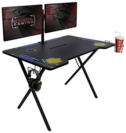 Atlantic Viper 3000 Gaming Desk – Single Laminated Surface, Heavy-Duty Steel X-Legs, Integrated LED, 3 USB 3.0 Ports, Smart Device Slot, Surge Protector Tray, Headset Hooks, PN 33906164 - Black