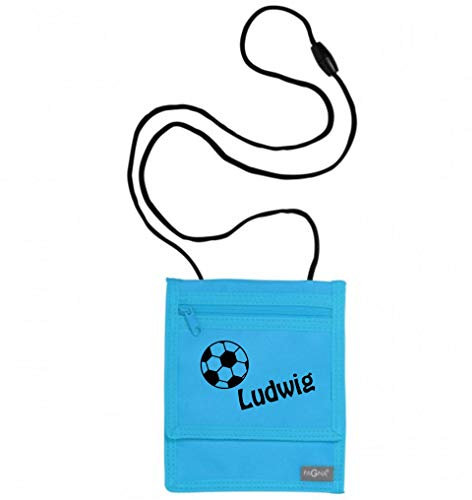 Brustbeutel mit Namen | inkl. NAMENSDRUCK | Motiv Fußball & Name personalisiert & Bedruckt | Geldbörse Kindergeldbeutel Münzfach für Kinder Jungen mit Klettverschluss zum Umhängen