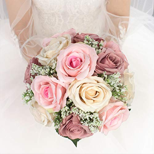 Abbie Home Brautstrauß – 22,9 cm Altrosa Champagnerrosen – Real Touch Babybreath Hochzeit Blumenstrauß (Bouquet)