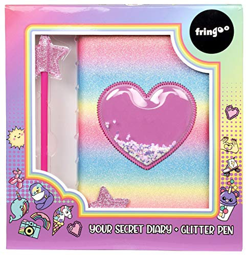 Fringoo - Glitter Girls Secret Diary with Glitter Star Pen, 2 Keys, Heart Padlock and Matching Bookmark | Beautiful Girls Notebook and Pen Set for Secrets | Glitter Unicorn