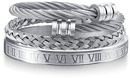 WFYOU 3PCS Stainless Steel Bracelets for Men Gold Roman Numeral Bangle Bracelet Adjustable Cuff Bracelet Mens Luxury Jewelry Bracelets Gifts silver