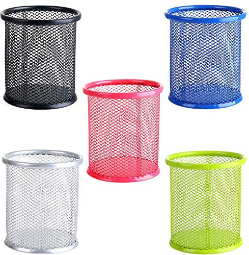afdg Mesh Metal Pen Holder, 5 Pieces Coloured Mesh Pen Holder, Round Metal Pencil Pot for School, Office, Pencil, Pen, Cosmetics (Pink, Green, Blue, Silver, Black)