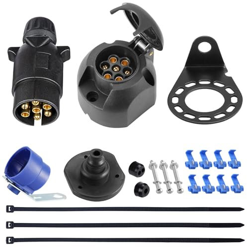 SPARKMOTO Norme ISO1724 Prise Remorque 7 Broches et Fiche pour Remorque 7 Broches,Prise Attelage Femelle et Connecteur Prise Male de Remorque Étanche,avec Support de Montage et Joint arrière(SK0704D)