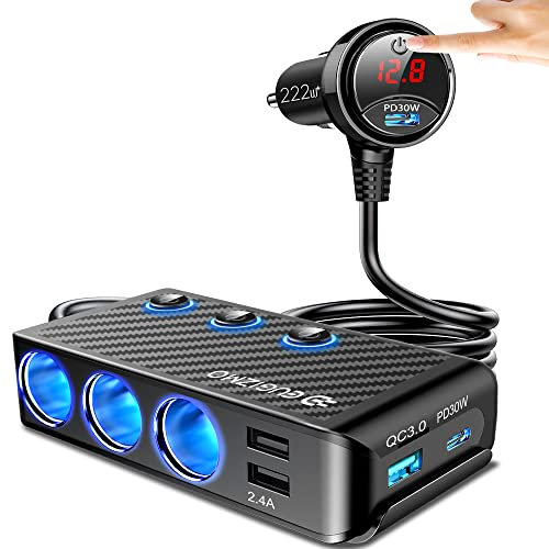 EUGIZMO Cigarette Lighter Adapter, 222W 3 Socket Car Cigarette Lighter Plug USB Charger Multi Port 12V Car Plug Outlet Splitter with LED Voltage Display Independent Switches