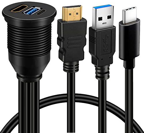 BATIGE USB 3.0 & Type C 3.1 & HDMI Male to Female Car USB C Flush Mount Extension Cable USB 3.0 Dash Mount for Car Truck Boat Motorcycle - 3ft