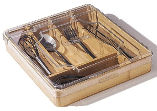 wobivcs Organizer per cassetti da cucina, vassoio per posate da 33 cm, con coperchio rimovibile, 5 scomparti in legno di bambù per posate, coltelli, forchette, cucchiai.