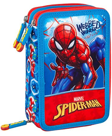 L'ERBAVOGLIO Spiderman – Federmäppchen für die Schule mit 3 Reißverschlüssen Original Spiderman – komplett mit 44 Teilen – Offizielles Marvel-Produkt (rot/blau)