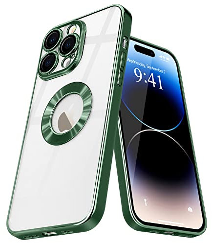 Pepmune for iPhone 14 Pro Case Clear, Logo View Design with Camera Lens Protection Luxury Plating Bumper Shockproof TPU Back Cover Soft Slim Phone Cases,Green