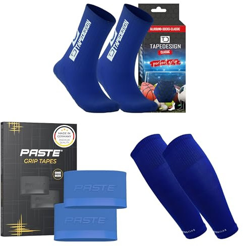PASTE - XXL 3er Set: TAPEDESIGN Fußball-Socken (Classic), Stutzen Schienbeinschonerhalter (blau) - Sport- & Fussball-Socken mit Schienbeinschoner Halterung & Fußballstutzen Herren & Damen