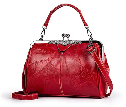 Women Vintage Hollow Handbag Oil Leather Shoulder Crossbody Bag Clutch Satchel Purse with Kiss Lock Closure (Wine Red)