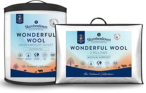 Slumberdown Super King Duvet & 2 Pillows - 100% British Wool, 10-14 Tog, White, Winter, Heavyweight, 260cm x 220cm