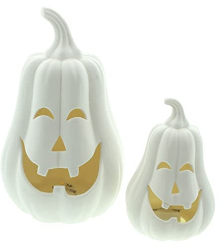 FRANK FLECHTWAREN LED-Kürbis White, 2er Set, Porzellan, warmweiße LED, batteriebetrieben, An-/Aus-Schalter Maße: Ø 7 x 11 cm, Ø 11 x 17 cm, Gruselige lustige Halloween Beleuchtung und Deko