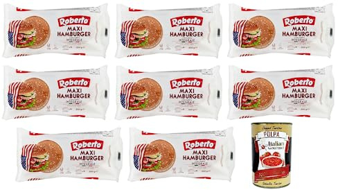 Italian Gourmet Pane Hamburger Integrale Maxi 8 x 300g Sesam-Buns Vollkorn | 4 panini soffici a confezione, mit Körnern oben, reich an Ballaststoffen, Gesamtnettogewicht 2,4 kg + Kostenlos Polpa 400g
