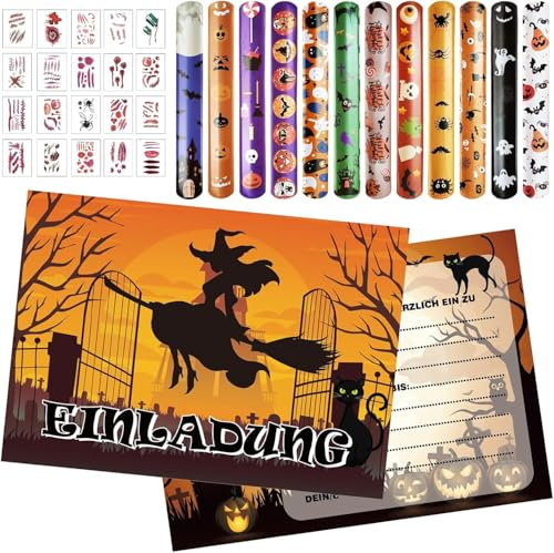 Halloween Einladungskarten Set, 12 Karten Halloween Party Einladung + 12 Stück Halloween Schnapparmband Kinder + 20 Blatt Halloween Tattoo Aufkleber, Bunte Schnapparmbänder für Kinder Mädchen Jungen