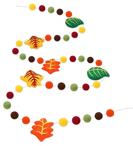 Whaline Herbst-Filz-Banner, 3D-Ahornblatt-Banner mit Pompom-Bällen, buntes Filz, Ahornblatt-Banner, vormontiert, Herbstblatt-Wimpelkette, Girlande für Herbst, Erntedankfest, Partyzubehör,