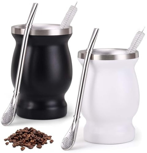 Lot de 2 tasses à maté, avec cuillère et brosse de nettoyage, en acier inoxydable Yerba Maté, passe au lave-vaisselle, sûr et durable, pour cuisine, restaurant, café (noir et blanc)