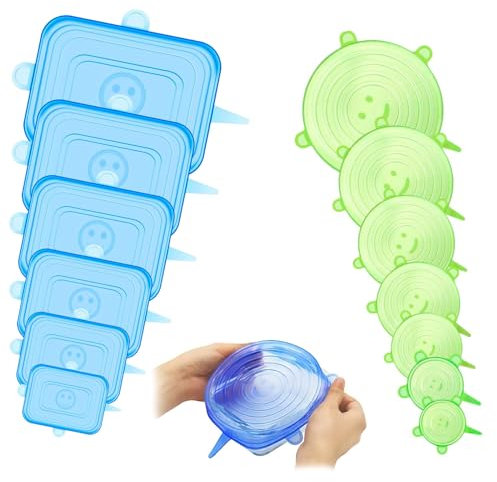 Silicone Lids Food Covers, 12PCS Silicone Stretch Lids, 6 Different Sizes Reusable Lids for Cups Bowls, Silicone Stretch Lids Microwave Freezer Can, 100% Safe Food Grade Silicone Cover Lids