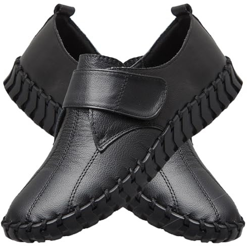 Chaussure Pied Large Femme X-Large Ajustable Chaussures Bottes Diabétiques Oedème Bouffi Pied Pantoufles Velcr Chaussures en Cuir Confort,Noir,42/260mm