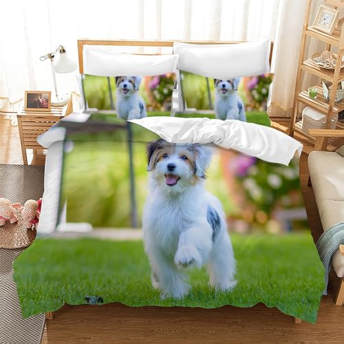 Leleyouzer Hund Bettwäsche Set, Hundemuster Bettwäsche für Jungen Mädchen Teenager, 1pc Mikrofaser Bettbezug mit Reißverschluss und 2pc Kissenbezug 50 x 75cm (D4, 135×200 cm)