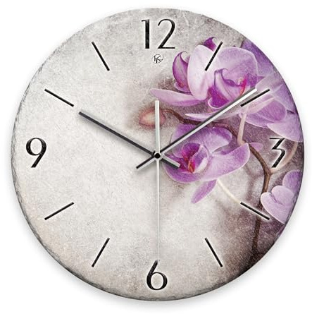 Kreative Feder Wanduhr „Orchidee“ aus Stein (Keramik) in Schiefer-Optik; Durchmesser 30cm; mit leisem Uhrwerk (Orchidee, leises Quarzuhrwerk)