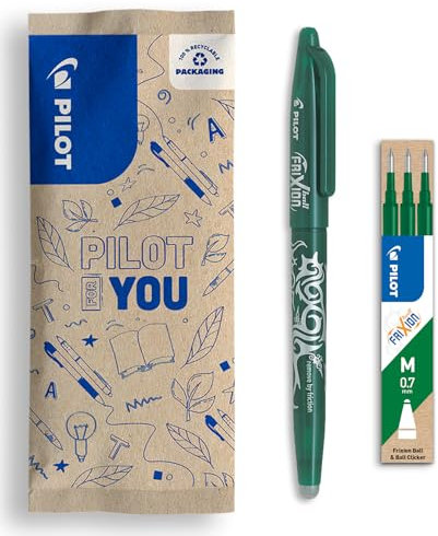 PILOT - FriXion Ball 0.7 Set - Radierbarer Tintenroller + 3er-Minen-Set - Nachfüllbarer Rollerball aus recyceltem Kunststoff - Angenehmes Schreibgefühl - Grün - Mittlere Spitze