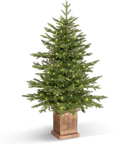 Jin&Bao 4FT Potted Christmas Tree with 100 Lights, Artificial Christmas Tree Outdoor Decor 8 Mode Timer Waterproof with Real-Like Tips & Round Branches for Front Door, Porch, 1 Pack