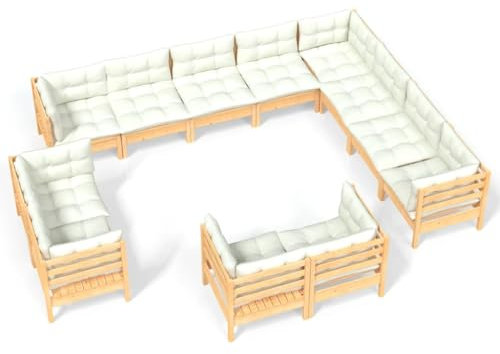 WEMYUFURN 12-TLG. Garten-Lounge-Set mit Creme Kissen Massivholz Kiefer, Outdoor-Sitzgruppe, Terrassen-Lounge-Set, Garten-Couchgarnitur - Wetterbeständig, Komfortabel - für Terrasse, Garten und Balkon