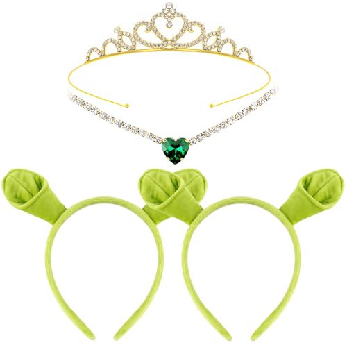 Yezmo 4PCS Grün Oger Ohren Stirnband Set, Ogress Kostüm Zubehör mit Monster Stirnbänder Krone und Halskette für Halloween Cosplay Dress up Party