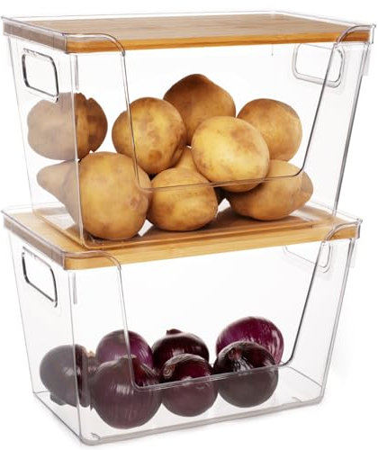 Abiudeng 2 Pack Kitchen Storage and Organisation Pantry Organizers Slim Kitchen Storage Unit Stackable Food Containers Potato Vegetable Fruit with Bamboo Lid Front Wide Opening Bins