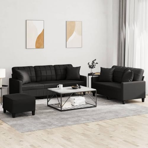 Sufrk 3-TLG. Sofagarnitur mit Kissen Schwarz Kunstleder Schlafsofa Klein Mini Sofa Recamiere Mit Schlaffunktion