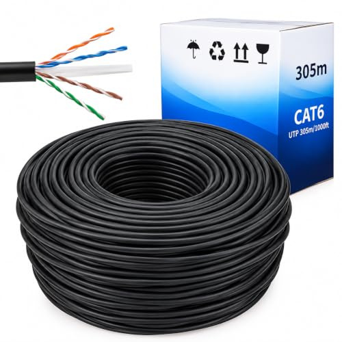 305m CAT6 Outdoor Ethernet Cable Black – High-Speed LAN Network Cable Reel | 4-Pair Data & ADSL Cable with RJ45 Compatibility, Pull Box for Home, Office & CCTV Networking