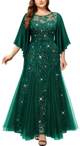MISSMAY Women's Plus Size Elegant Butterfly Sleeve Chiffon Floral Sequin Lace Contrast Mesh Mermaid Hem Evening Party Long Dress (1XL, Dark Green)