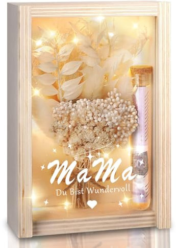 Geldgeschenk Geschenkbox für Mama mit Trockenblumen und Reagenzglas - Geburtstagsgeschenk für Mama - Holzbox mit Gravur Mama Du bist Wundervoll - Geschenke für Mama - Einzigartiger Blickfang (Beige)