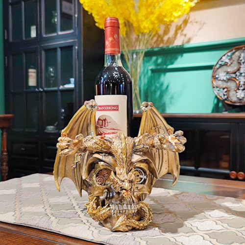 OUTOUR Porta bottiglia di vino a forma di teschio di drago, stile steampunk, gotico, statua decorativa per casa, bar, regalo unico per uomini
