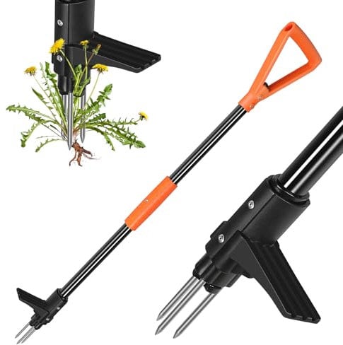 ORIENTOOLS Weed Puller Stand Up Weeder Hand Tool with 3 Claws for Dandelion, Steel Twist Hand Weed Root Pulling Tool, 38 Long Handle Lawn Easy Root Remover Garden Tool with T-Grip, Orange