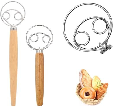 2 Pieces Stainless Steel Danish Dough Whisk, Dutch Style Bread Dough Whisk, Manual Mixer with Wooden Handle, Kitchen Utensils for Baking, Bread Making