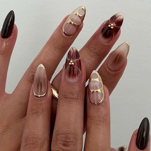 Almond Stiletto Press On Nails – 3D Gold Textured Fake Nails, Handmade Long Acrylic False Nails, Eco-Friendly & Non-Toxic, Durable Reusable Nail Tips for Easy DIY Manicure at Home