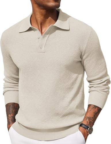 COOFANDY Mens Polo Jumper Long Sleeved Poloshirts Sweater Beige M